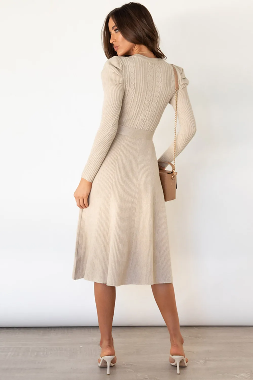 Round Neck Long Sleeve Tie Waist Sweater Dress, image 5