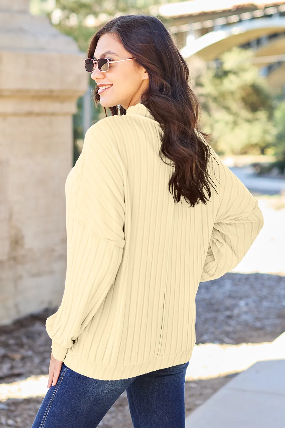 Full Size Ribbed Exposed Seam Mock Neck Knit Top, image 2