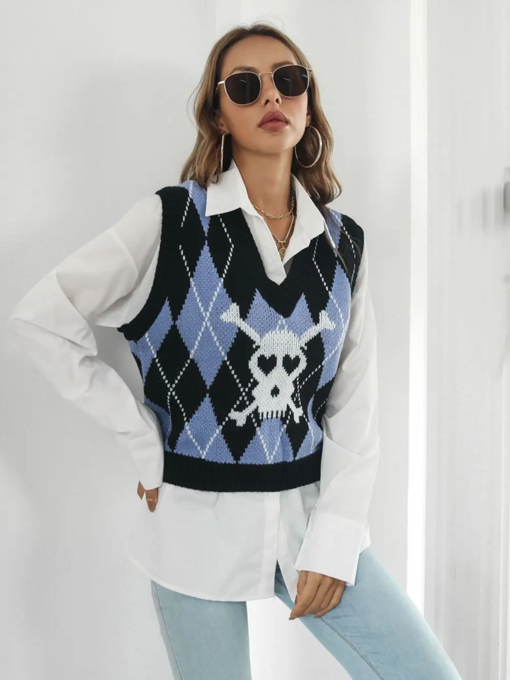 Skull Geometric V-Neck Sweater Vest, image 5