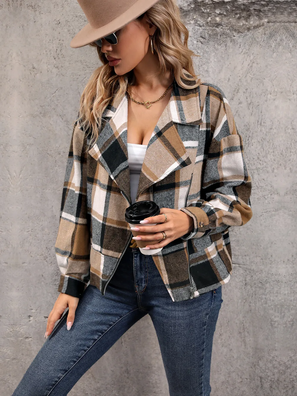 Plaid Collared Neck Long Sleeve Jacket, image 2