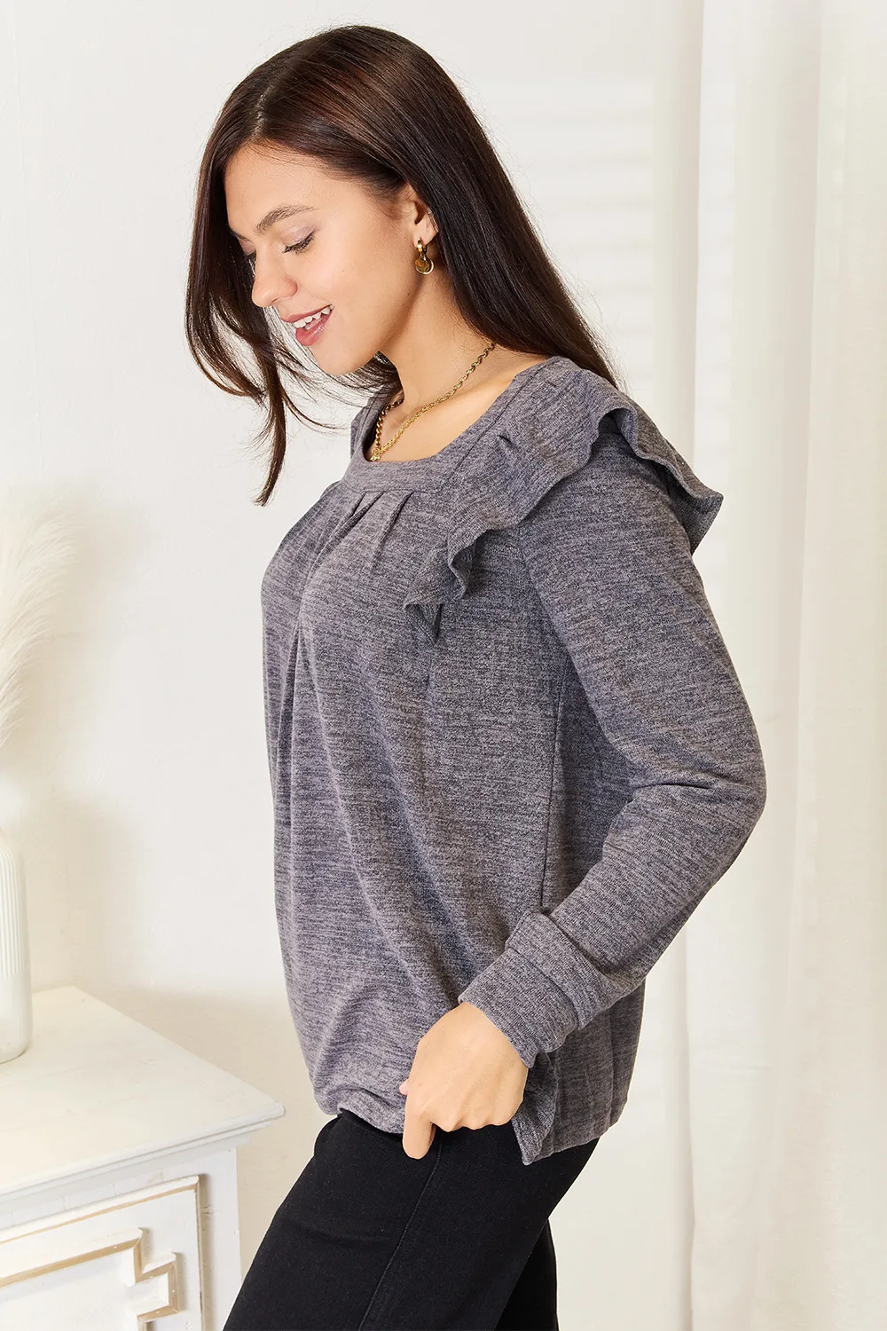 Square Neck Ruffle Shoulder Long Sleeve T-Shirt, image 15