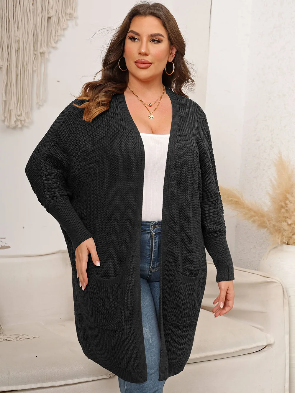 Plus Size Open Front Cardigan With Pockets, image 3