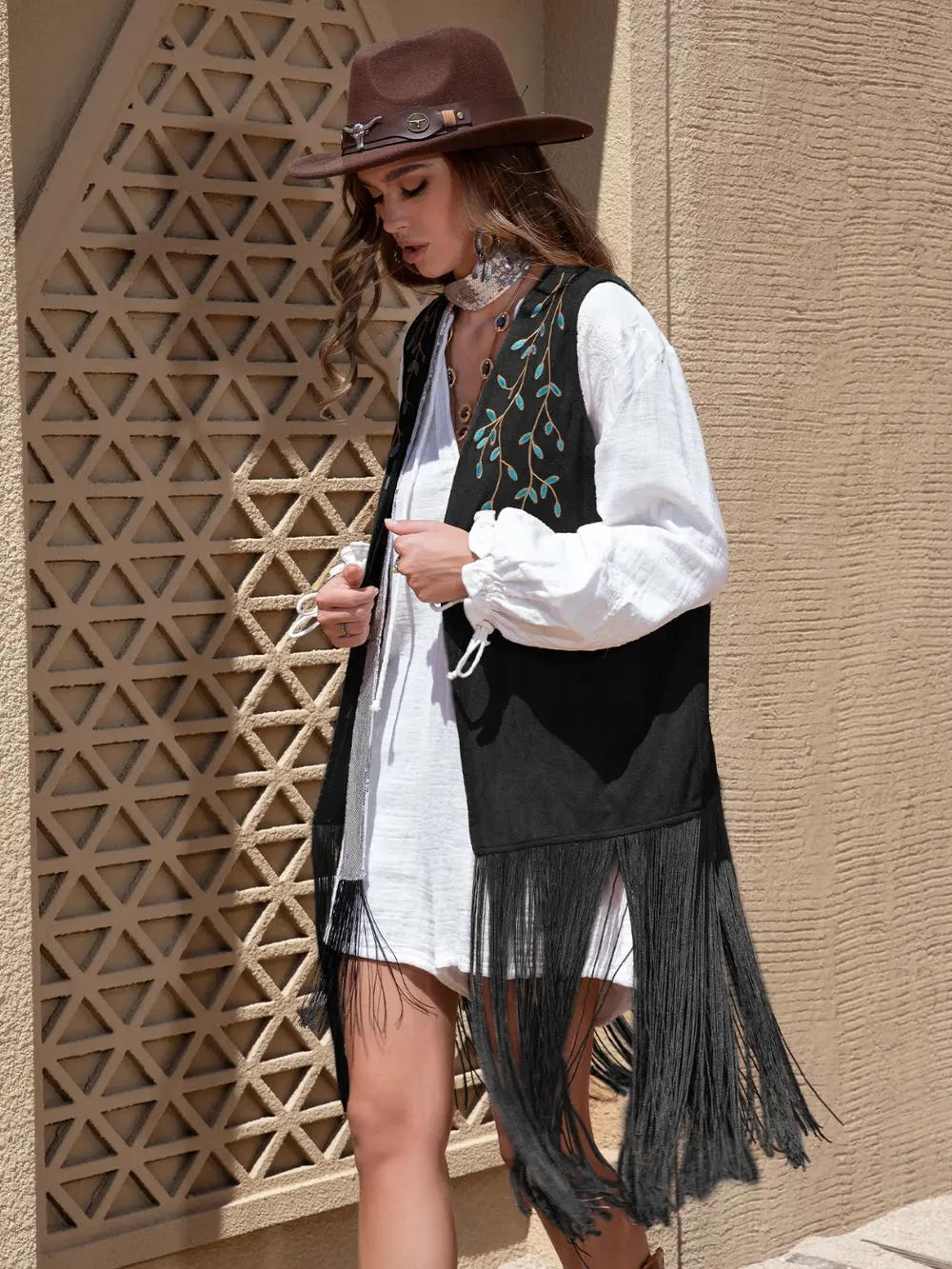Faux Suede Fringe Hem Open Front Vest, image 2