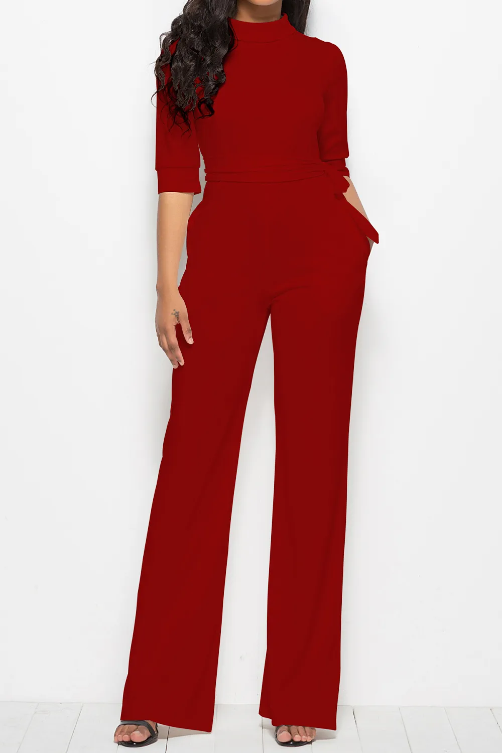 Mock Neck Tie-Waist Half Sleeve Jumpsuit, image 5