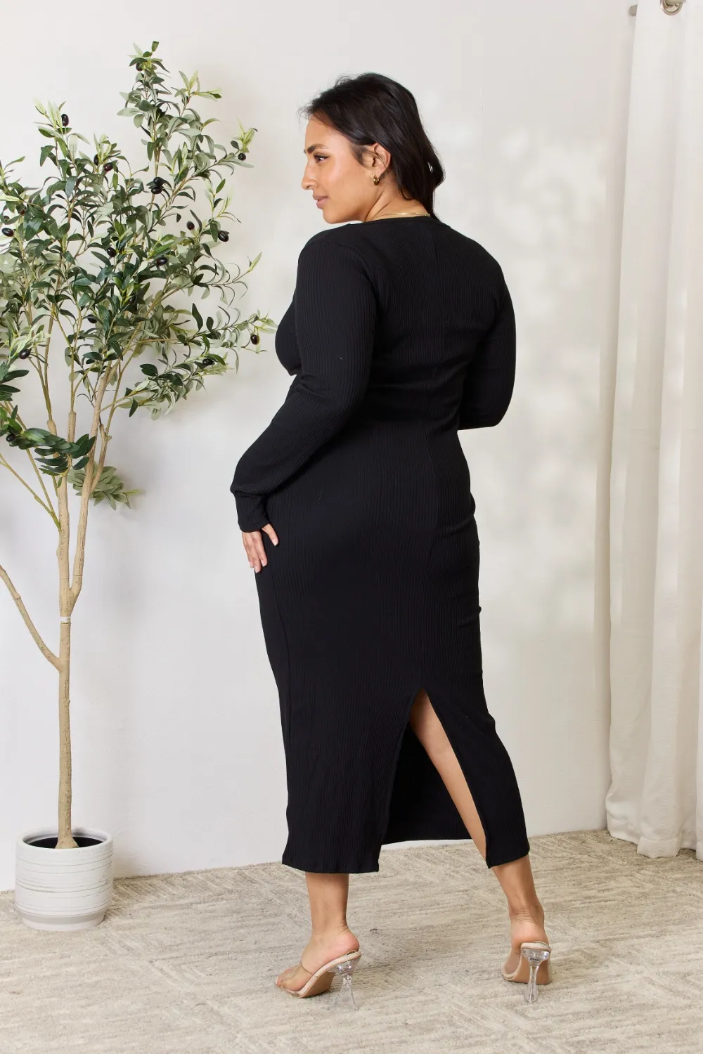 Full Size Ribbed Long Sleeve Midi Slit Dress, image 2