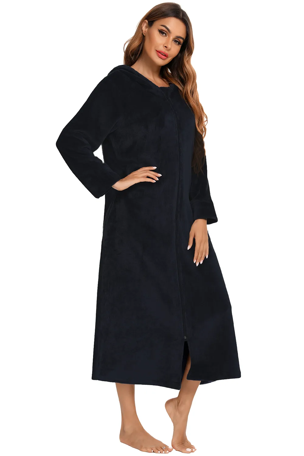 Zip Front Hooded Night Dress with Pockets, image 3