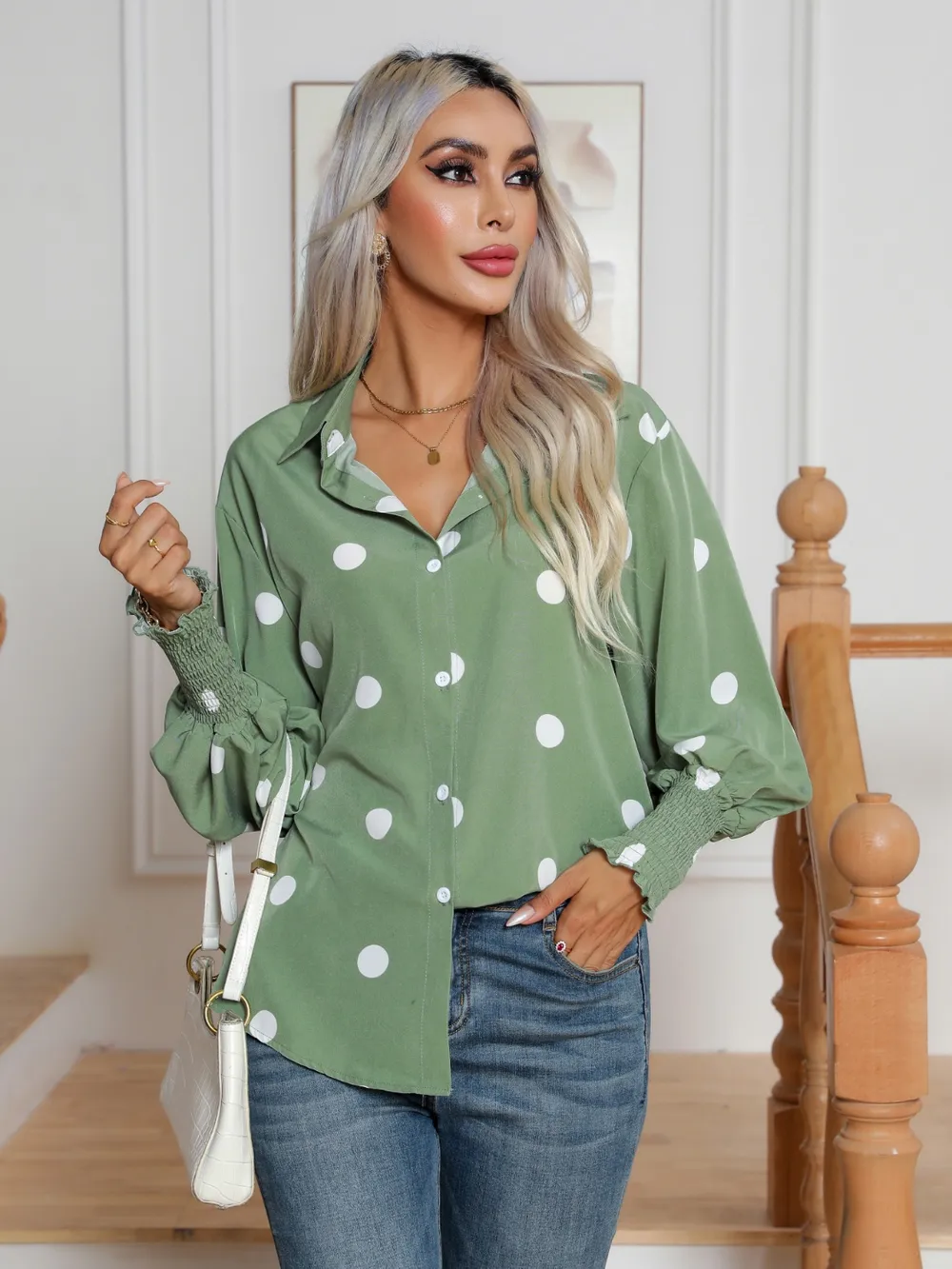Polka Dot Collared Neck Buttoned Lantern Sleeve Shirt, image 4