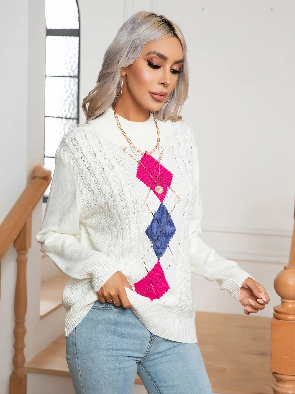 Openwork Geometric Mock Neck Sweater, image 4