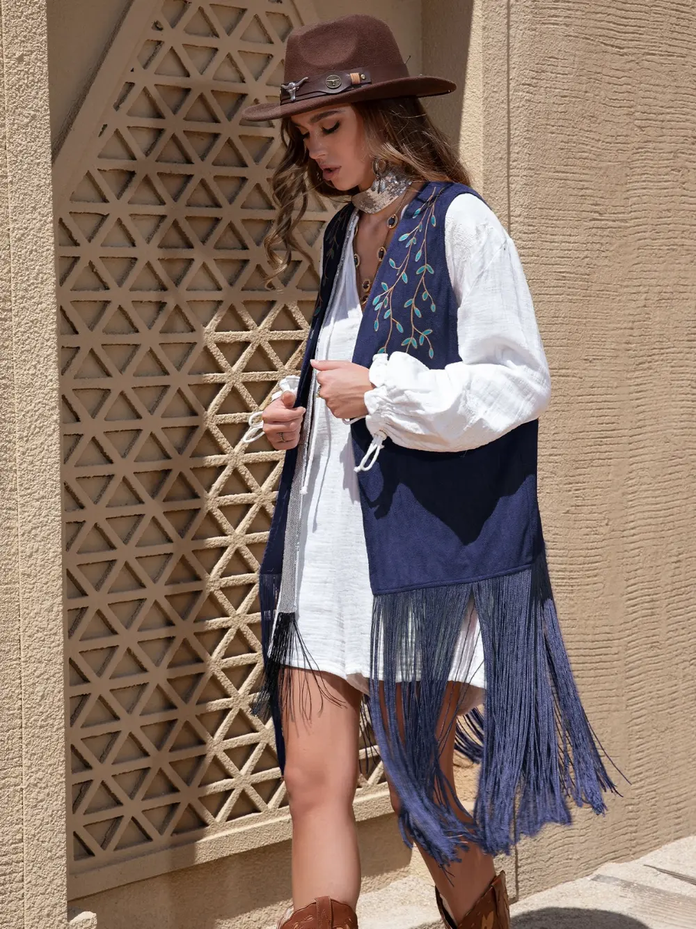Faux Suede Fringe Hem Open Front Vest, image 3