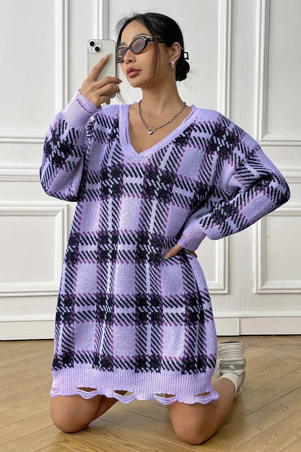 Plaid V-Neck Long Sleeve Sweater Dress, image 5