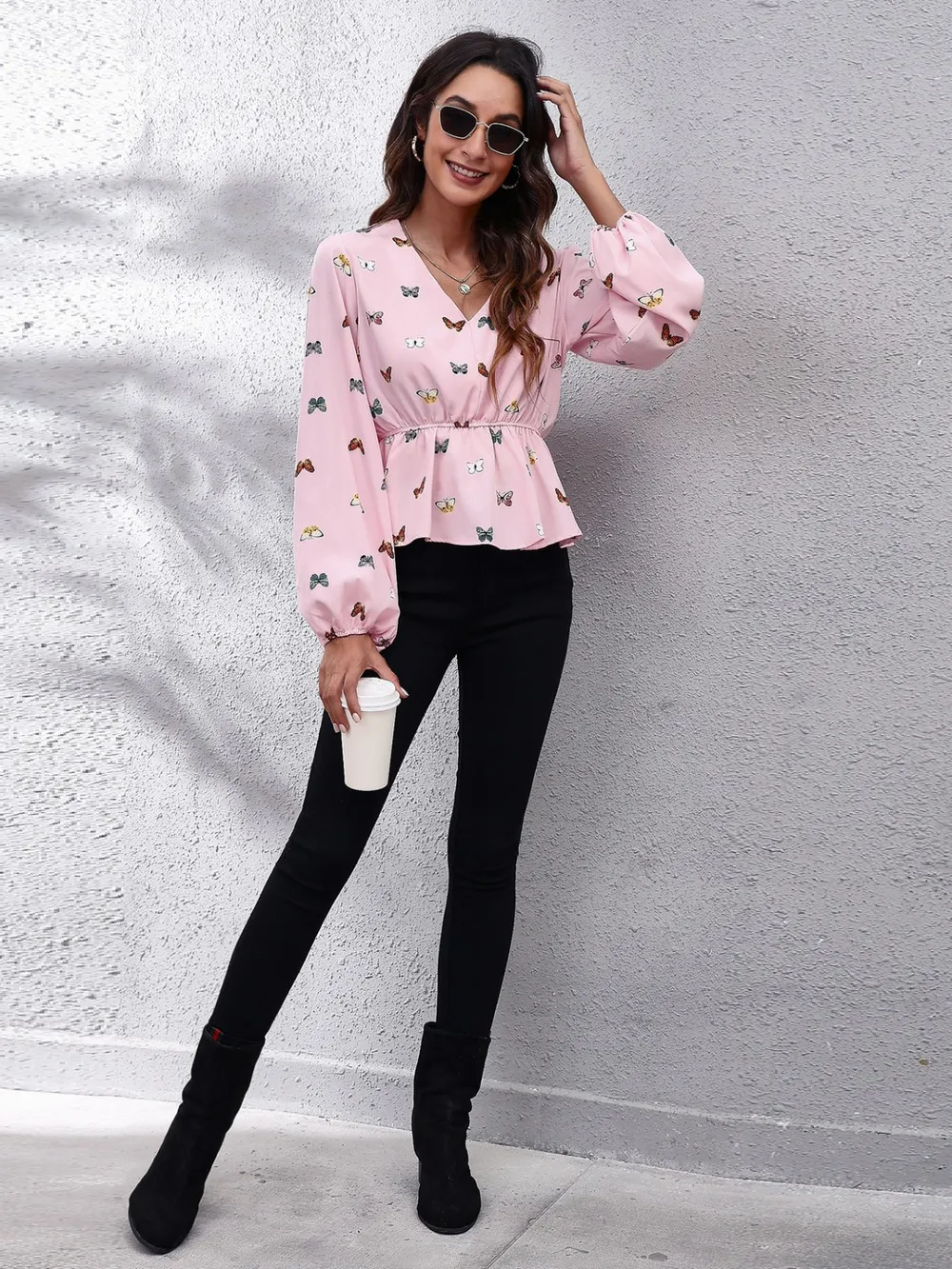 Butterfly V-Neck Balloon Sleeve Peplum Blouse, image 5