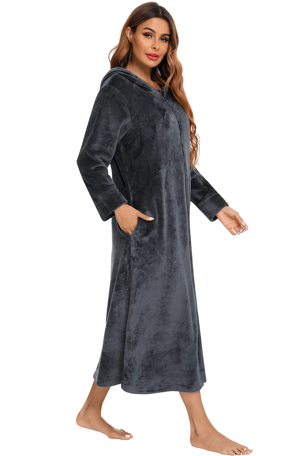 Zip Front Hooded Night Dress with Pockets, image 4