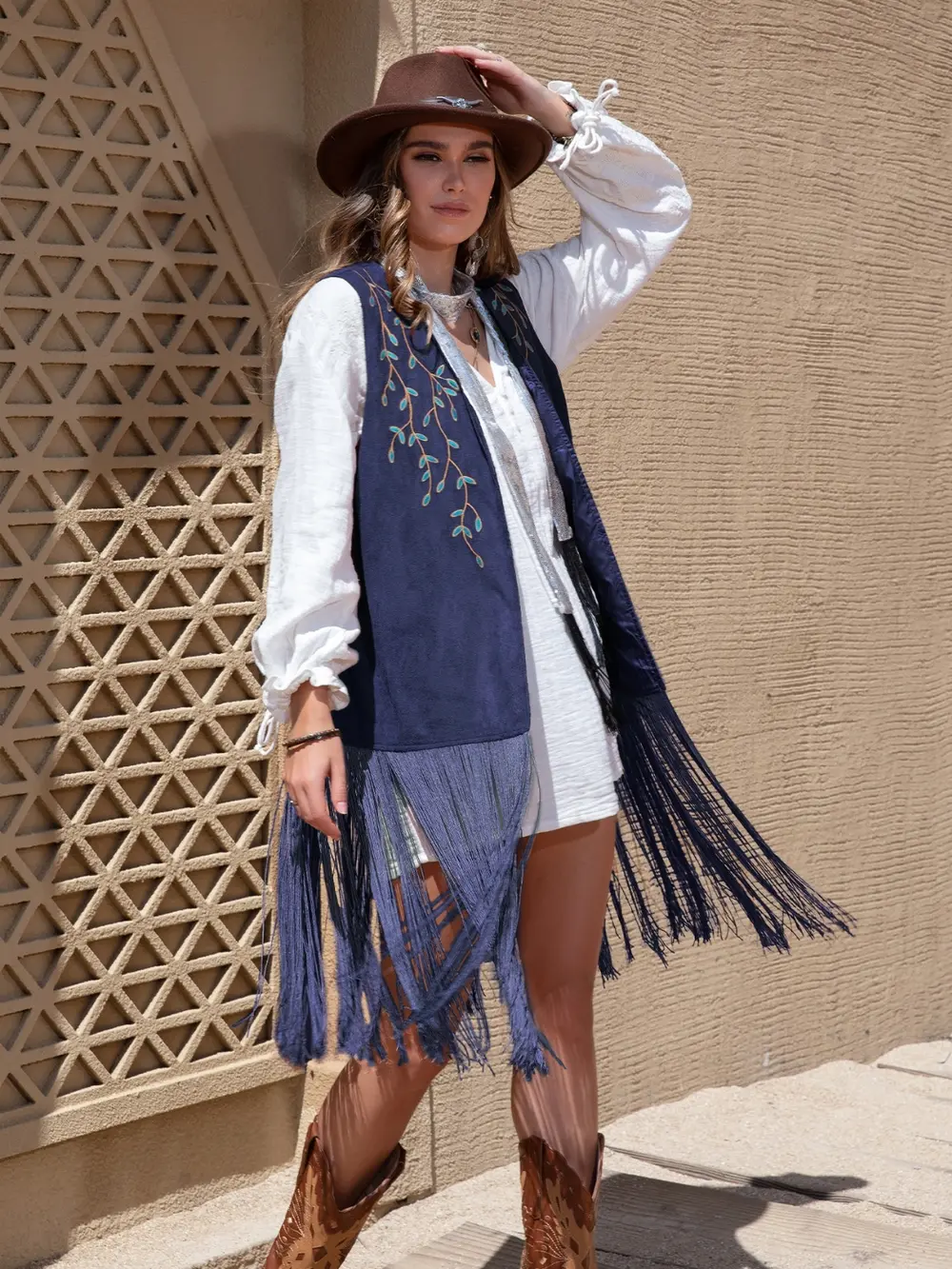 Faux Suede Fringe Hem Open Front Vest, image 4