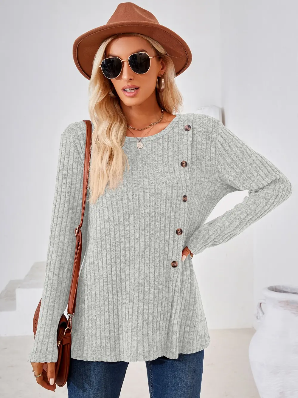 Ribbed Buttoned Round Neck Slit T-Shirt, image 16