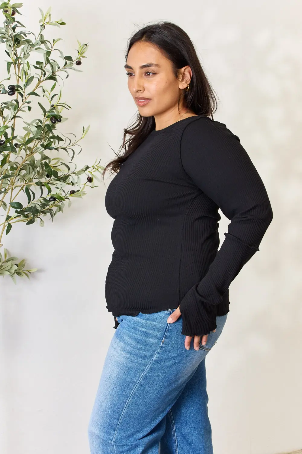 Full Size Ribbed Round Neck Long Sleeve Top, image 4