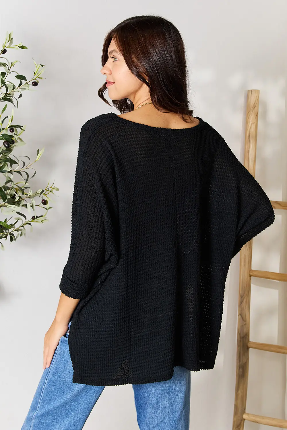 Full Size Round Neck High-Low Slit Knit Top, image 2
