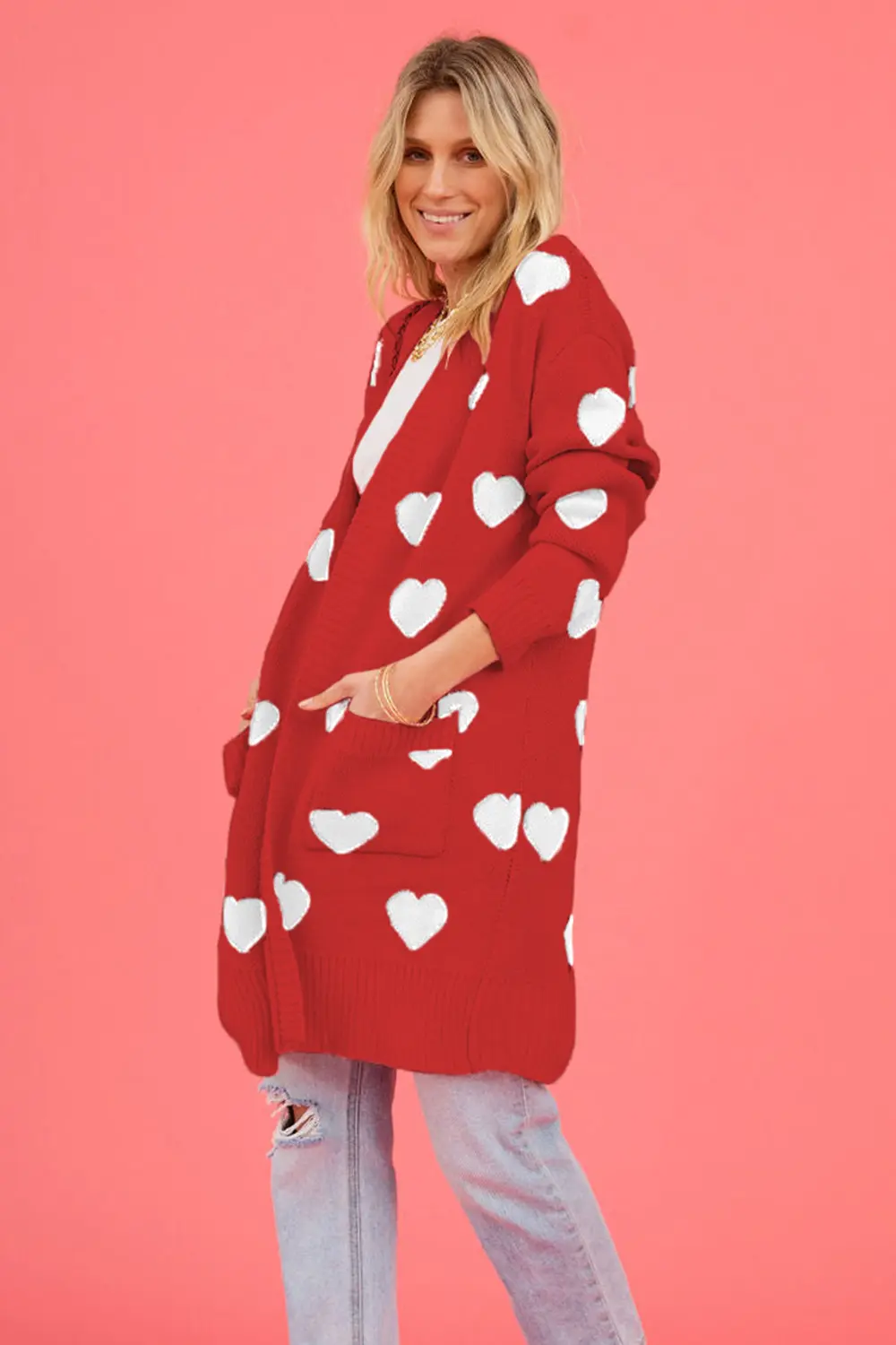 Heart Graphic Open Front Cardigan with Pockets, image 9