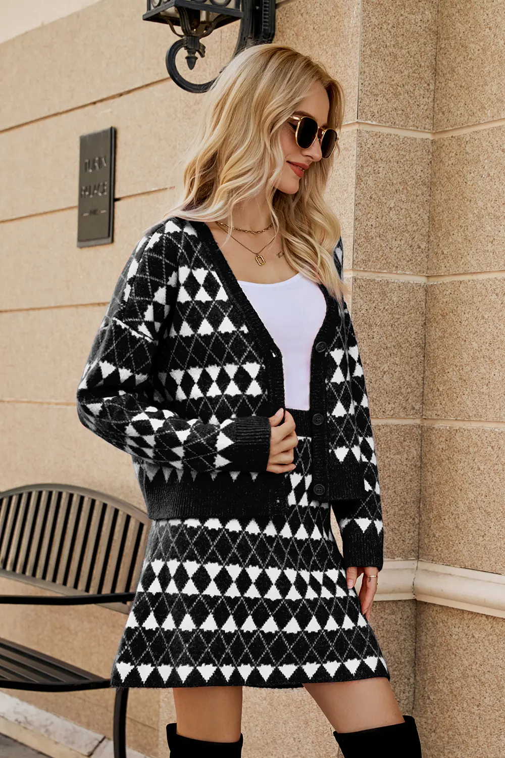 Geometric Button Front Cardigan and Skirt Set, image 6