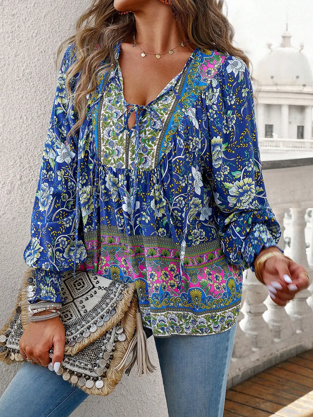 Bohemian Tie Neck Lantern Sleeve Blouse, image 2