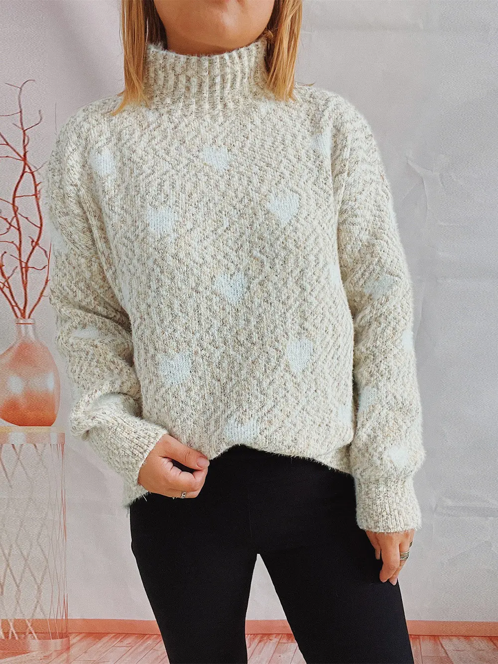 Heart Heathered Turtleneck Drop Shoulder Sweater, image 10