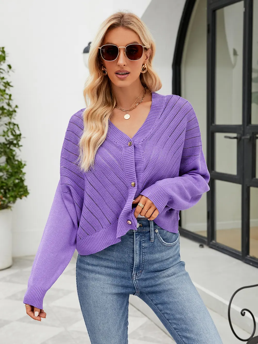 Eyelet Button Front Long Sleeve Cardigan, image 2