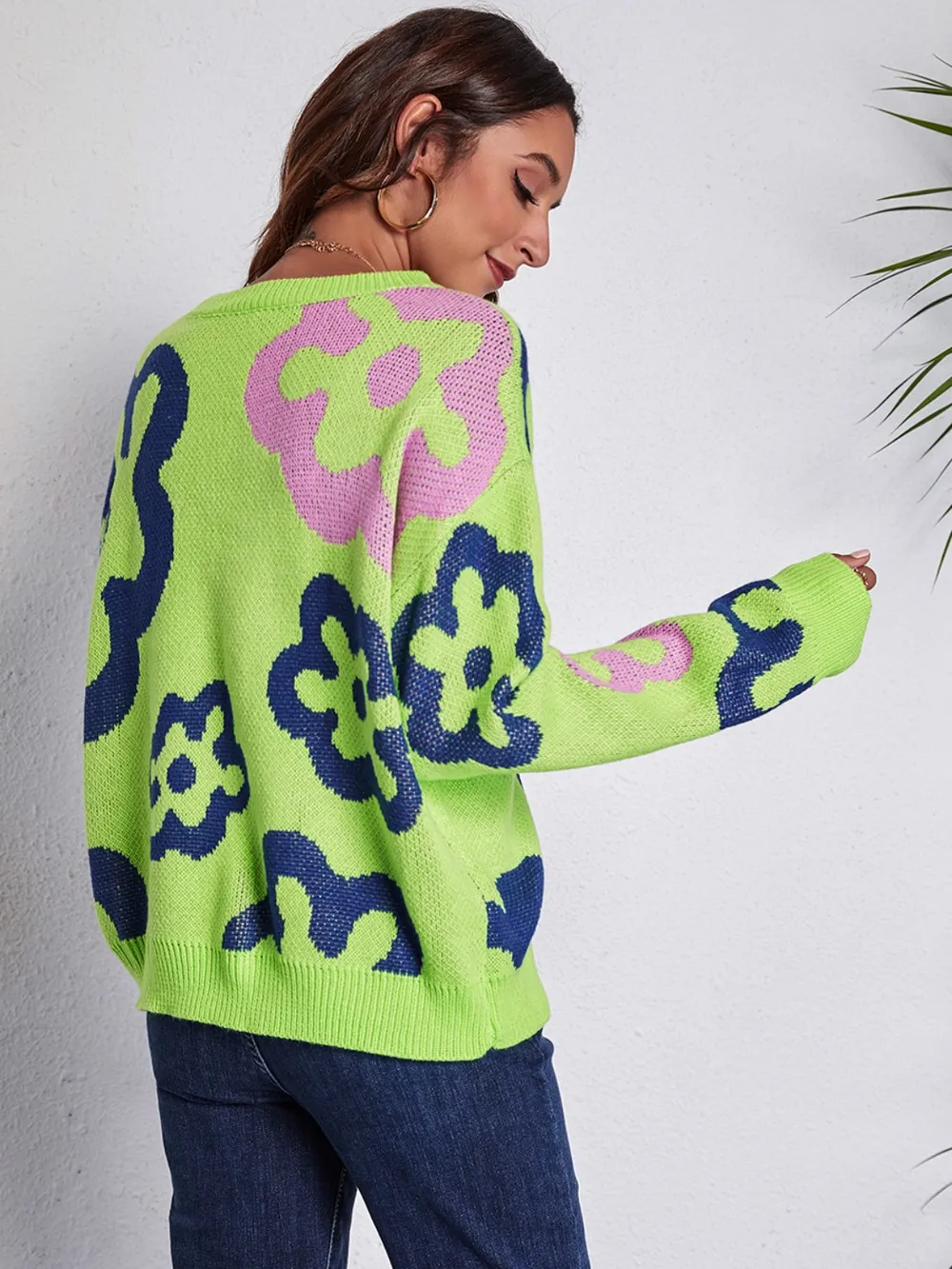 Flower Pattern Round Neck Long Sleeve Sweater, image 3