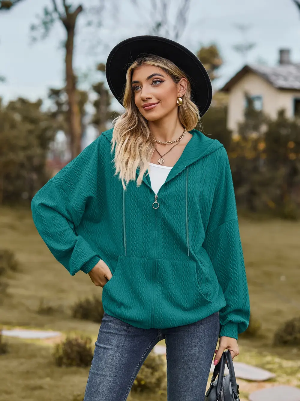 Zip Up Drawstring Long Sleeve Hooded Jacket, image 22