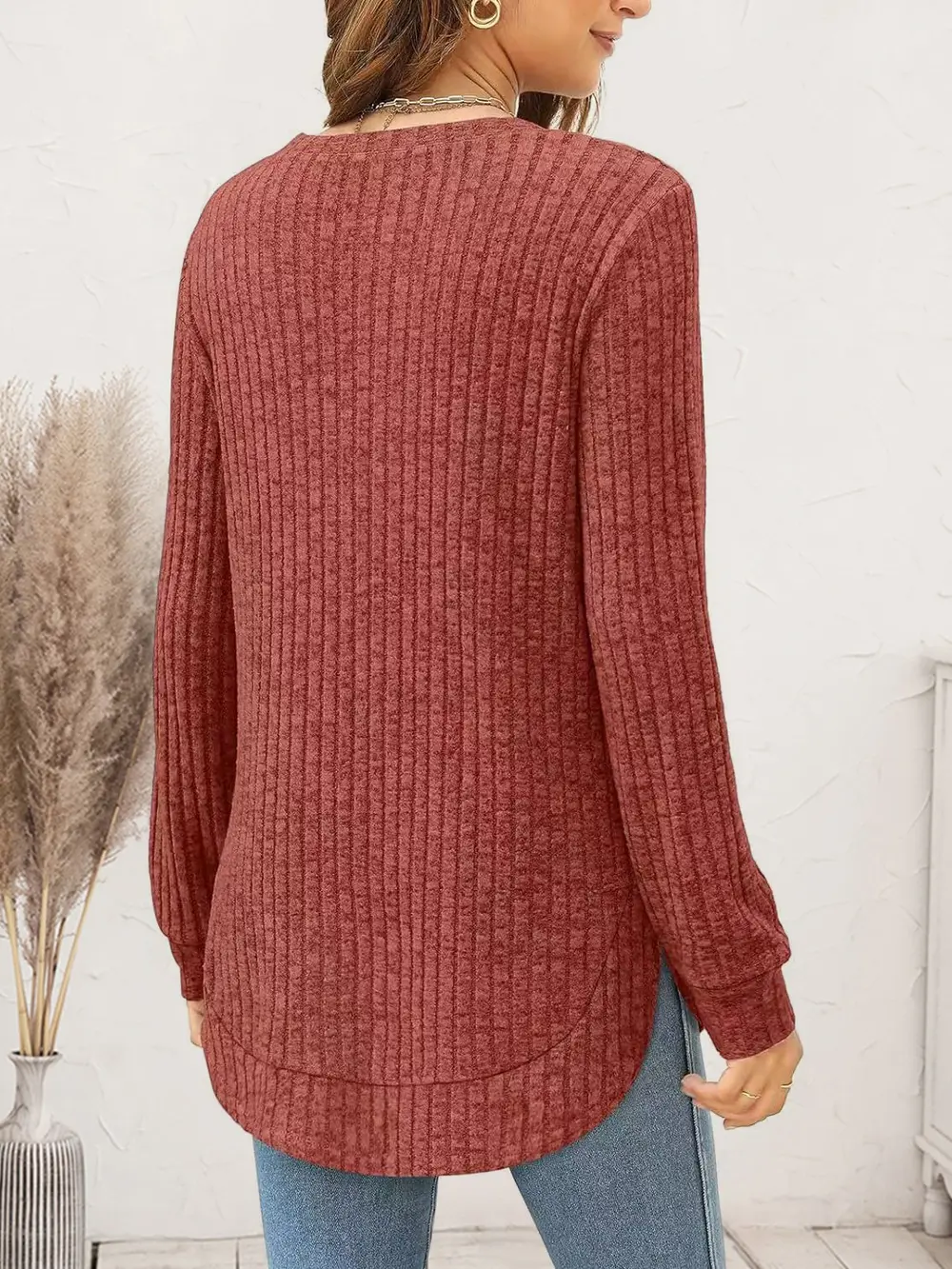 Ribbed Round Neck Long Sleeve T-Shirt, image 3