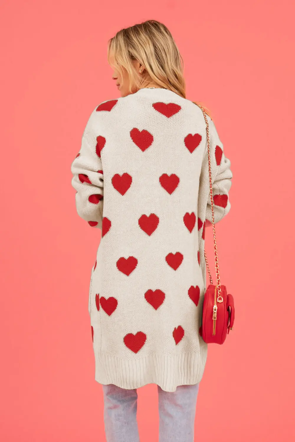 Heart Graphic Open Front Cardigan with Pockets, image 3
