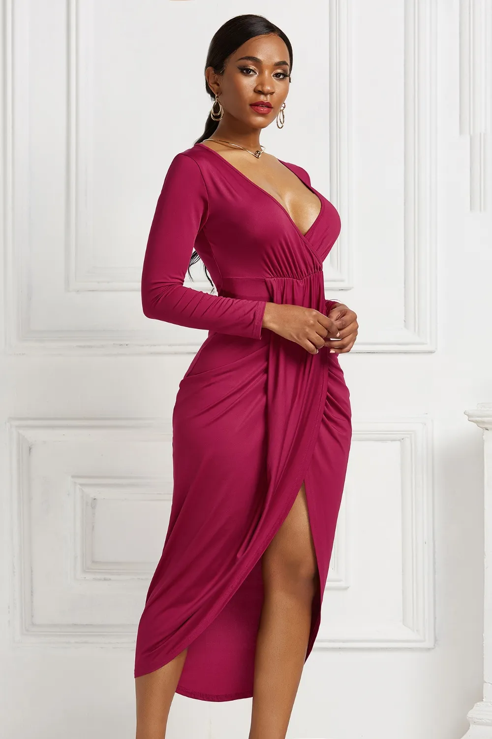 High-low Ruched Surplice Long Sleeve Dress, image 3