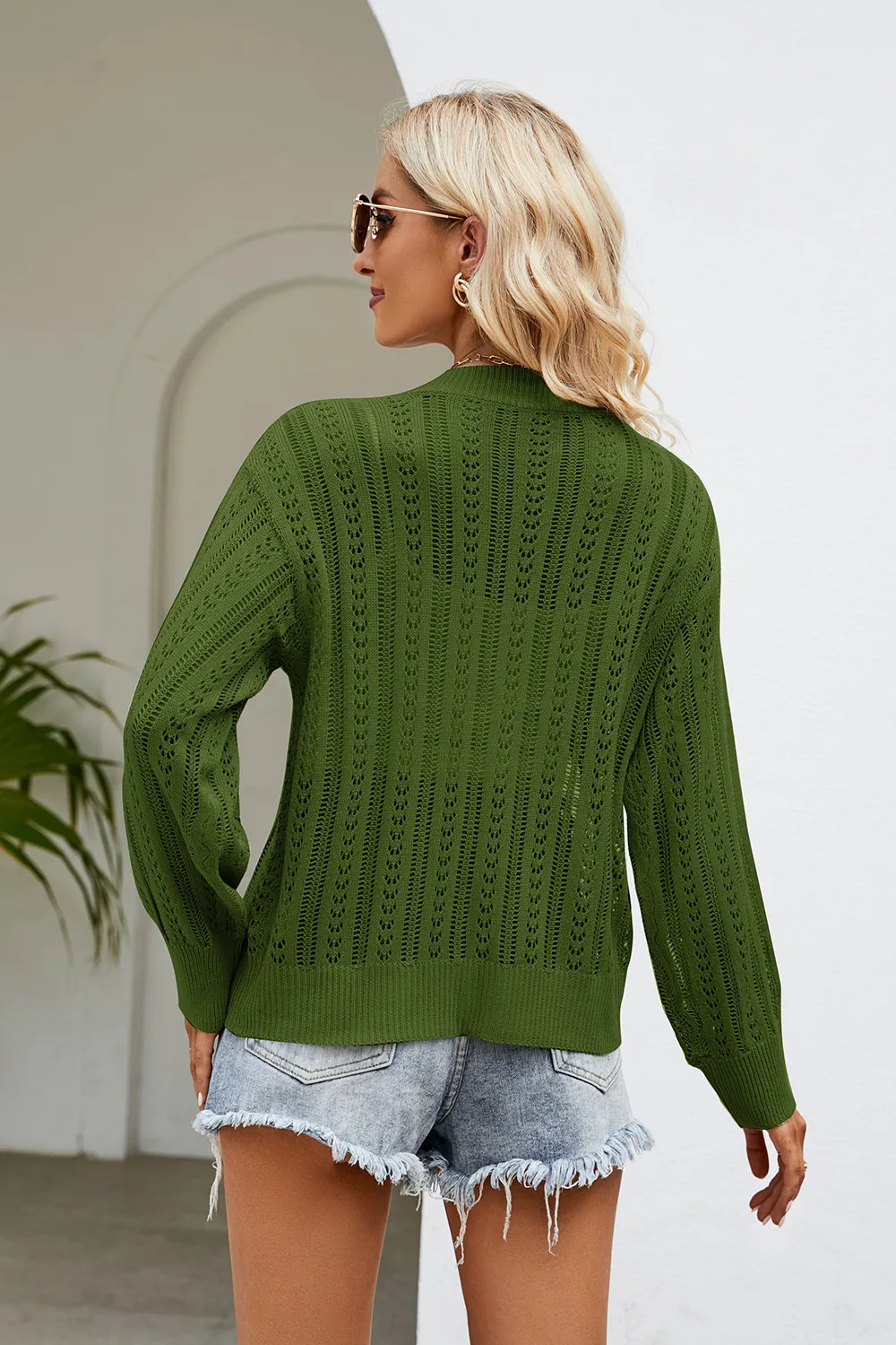 Openwork Button Front V-Neck Cardigan, image 10