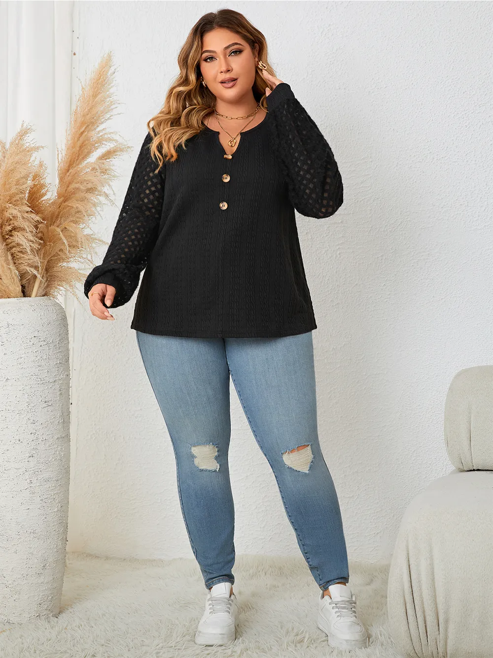Plus Size Openwork Notched Button Front Blouse, image 3