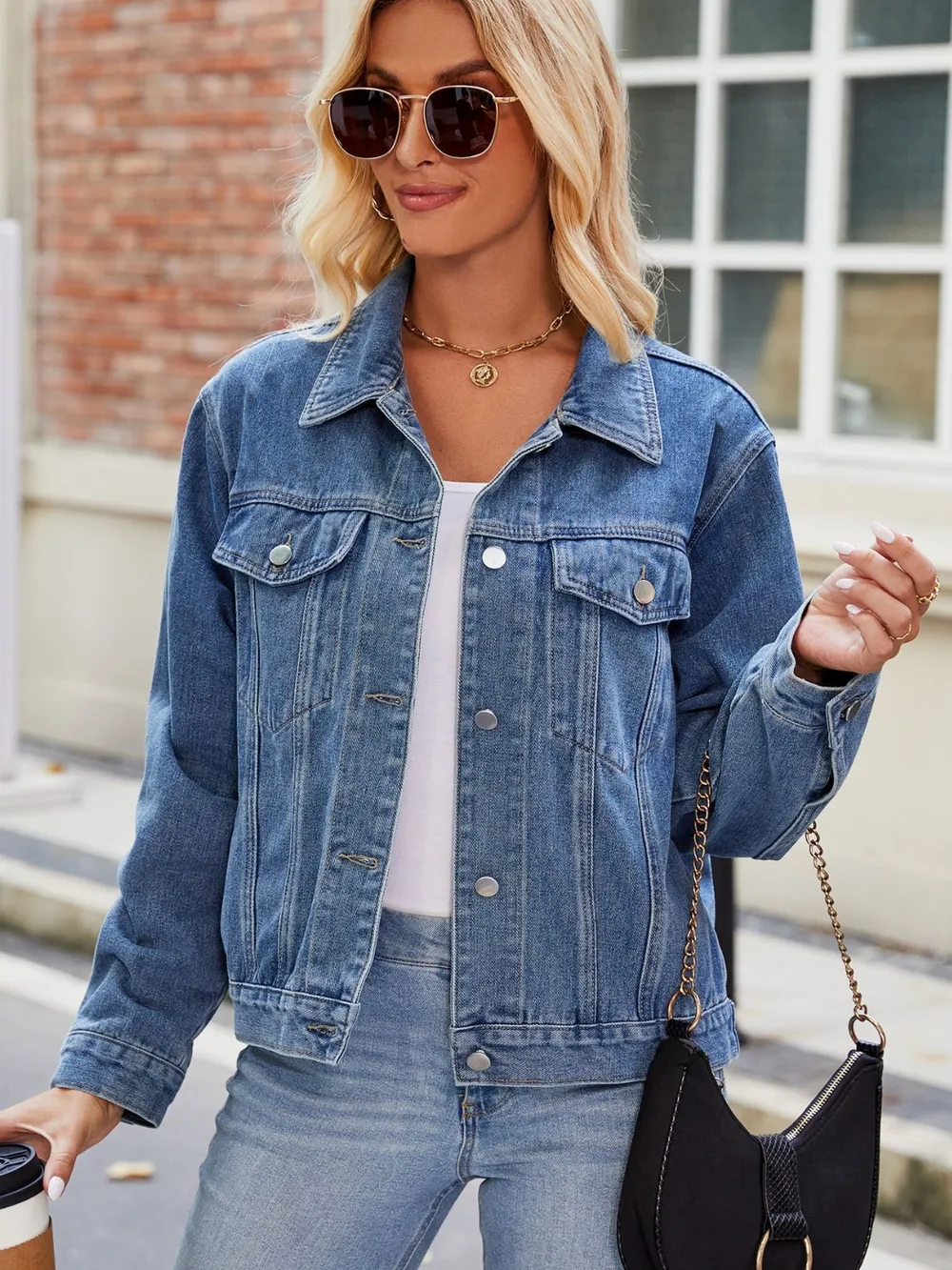 Pocketed Collared Neck Denim Jacket, image 4