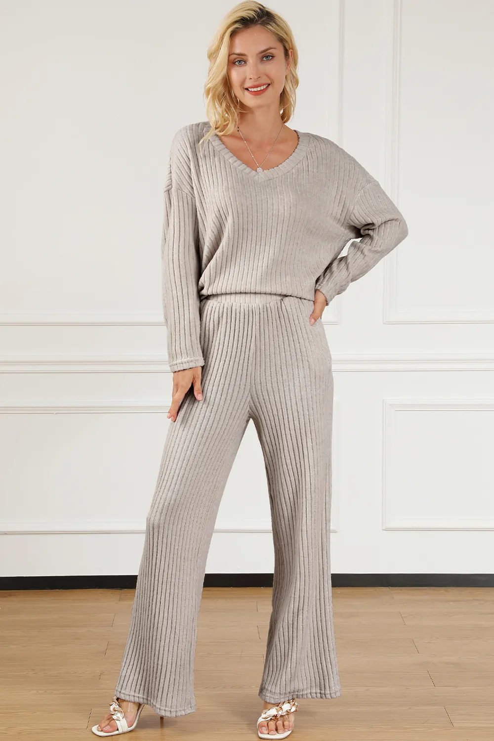 Ribbed V-Neck Top and Pants Lounge Set, image 2