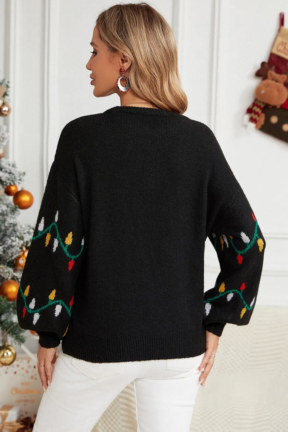 Round Neck Pattern Lantern Sleeve Sweater, image 6