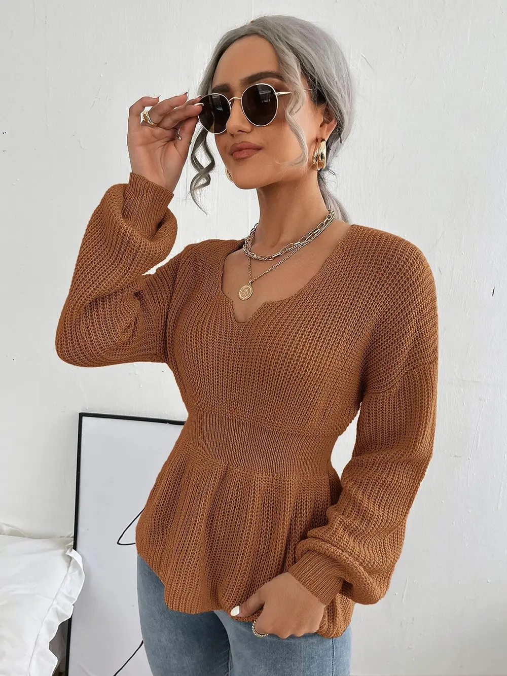 Notched Dropped Shoulder Knit Top, image 19