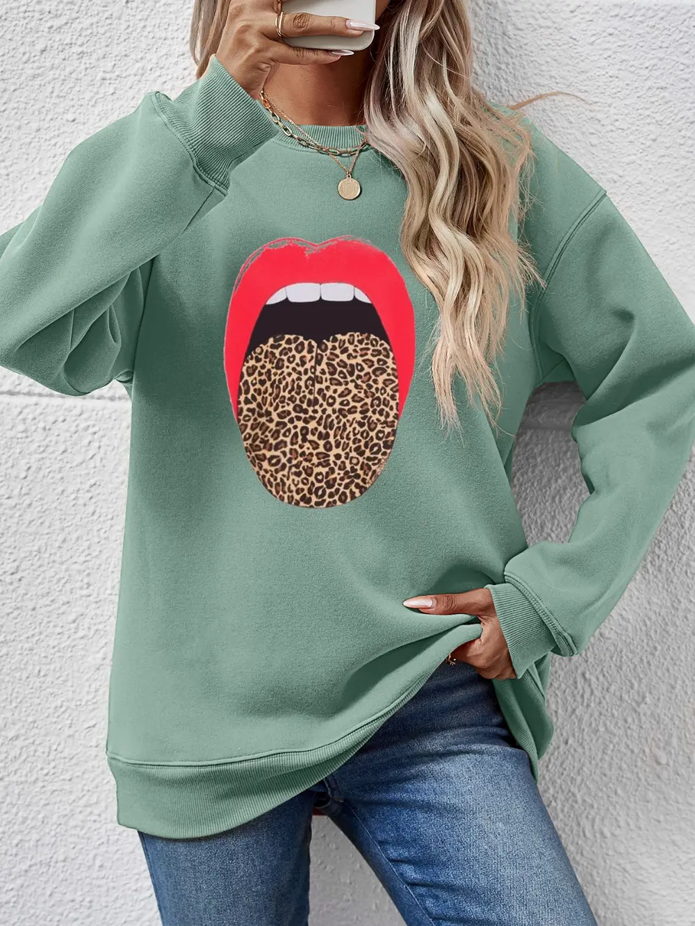 Leopard Lip Graphic Round Neck Sweatshirt, image 2