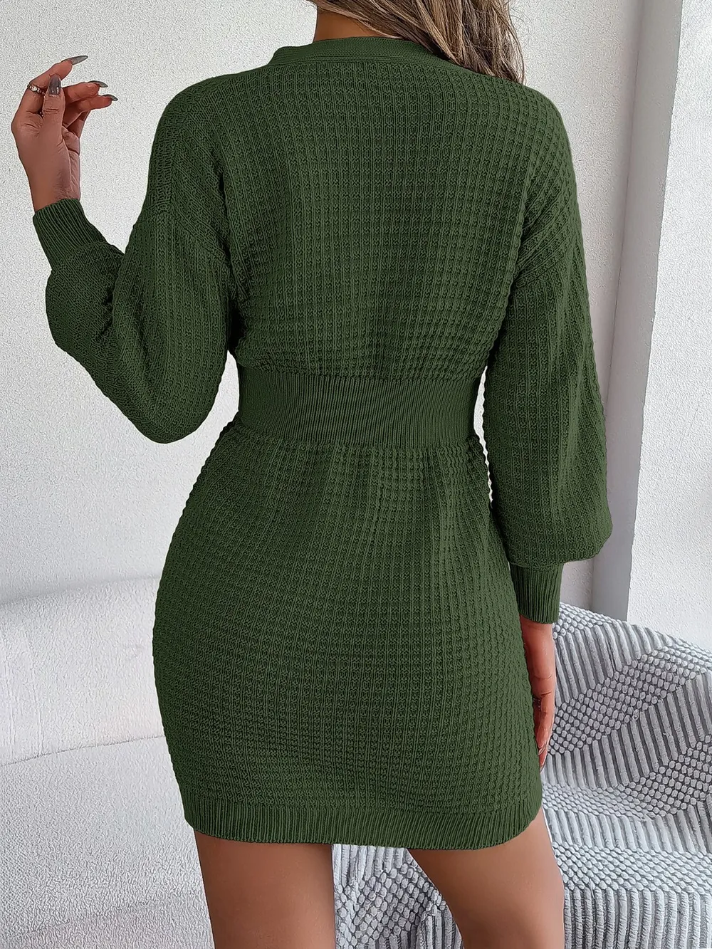 Buttoned Cable-Knit V-Neck Sweater Dress, image 16