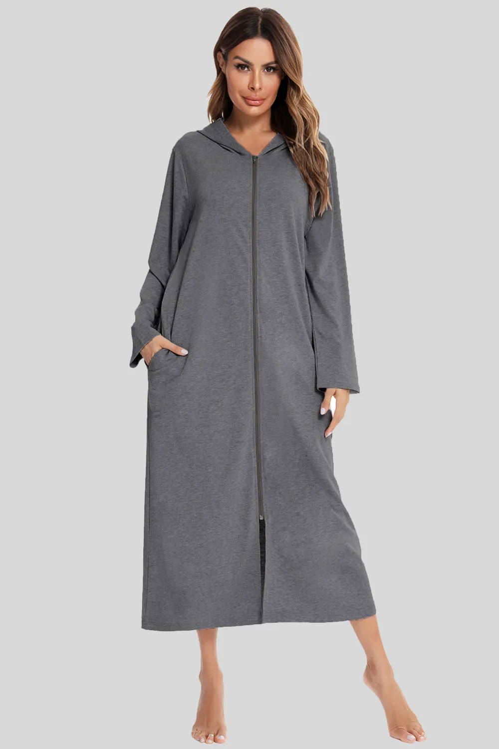 Zip Front Hooded Night Dress with Pockets, image 7