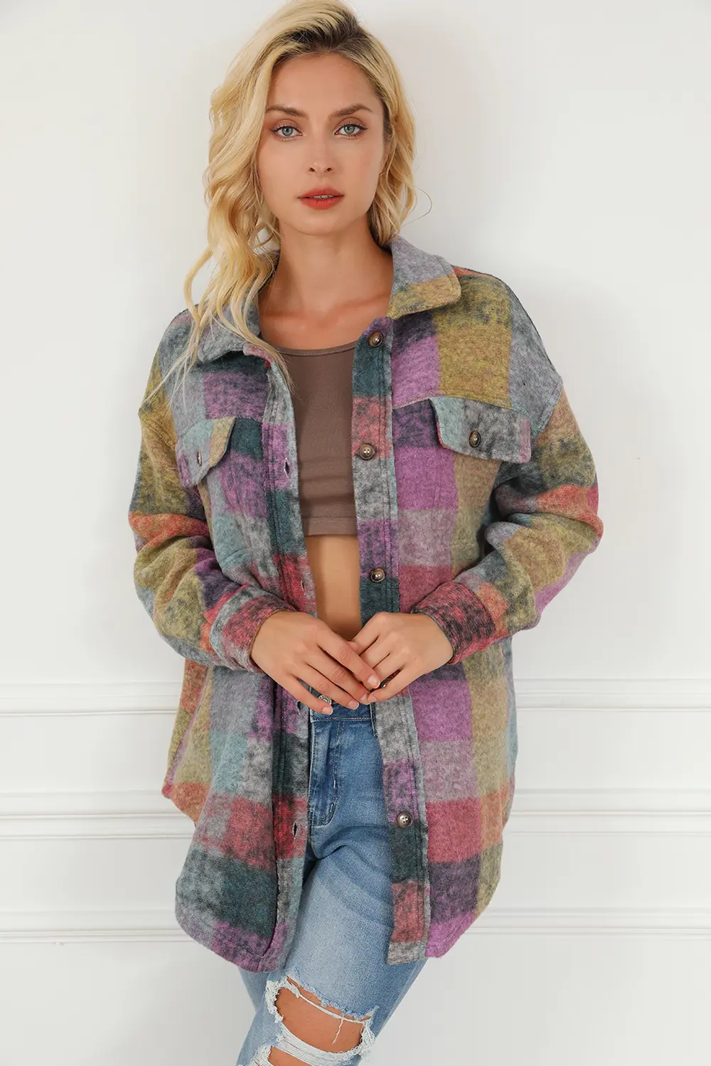 Plaid Collared Neck Button Front Jacket, image 2