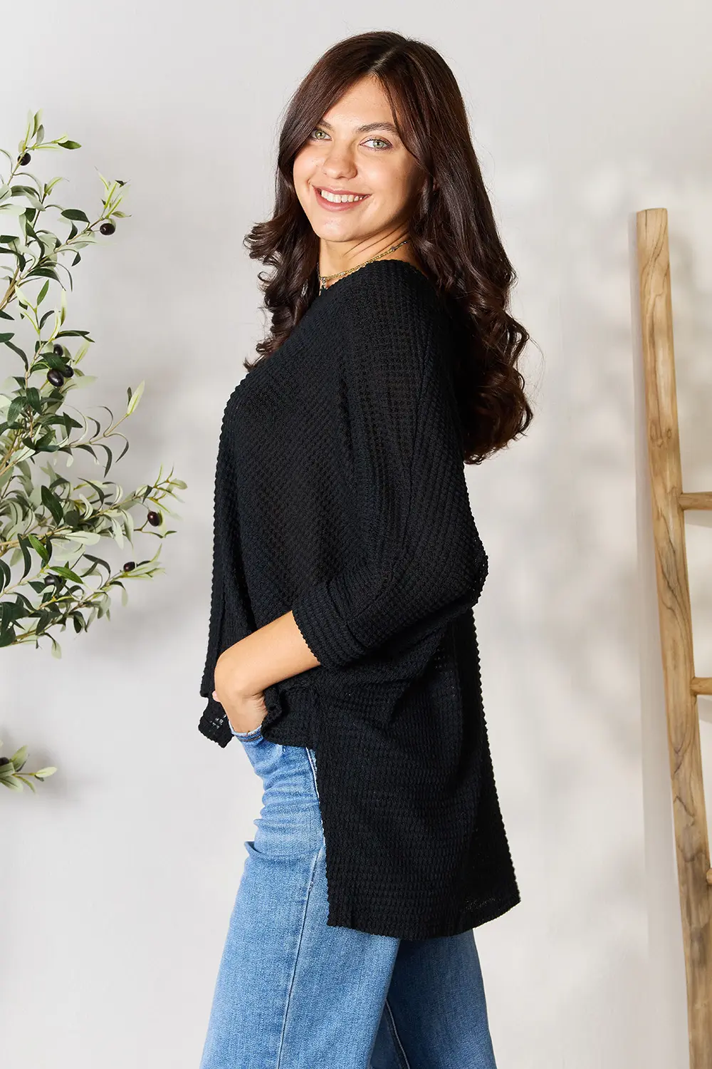 Full Size Round Neck High-Low Slit Knit Top, image 3