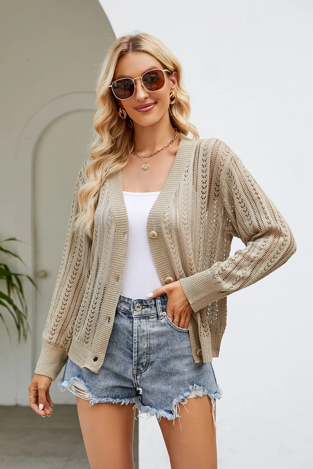 Openwork Button Front V-Neck Cardigan, image 4
