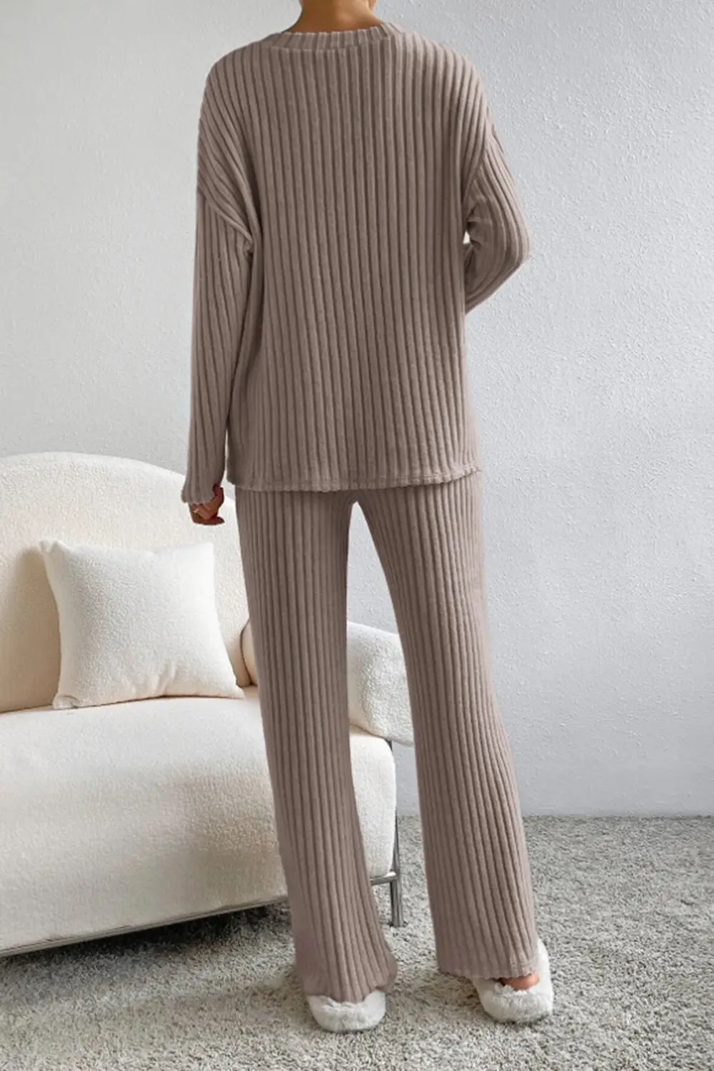 Ribbed V-Neck Top and Pants Set, image 3