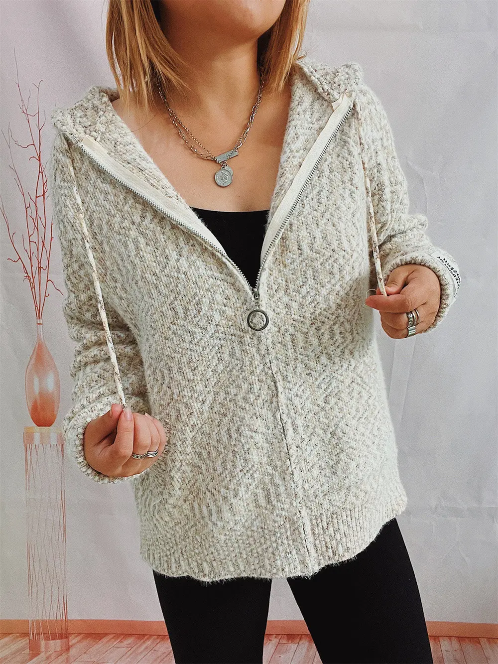 Zip Up Drawstring Long Sleeve Hooded Sweater, image 14