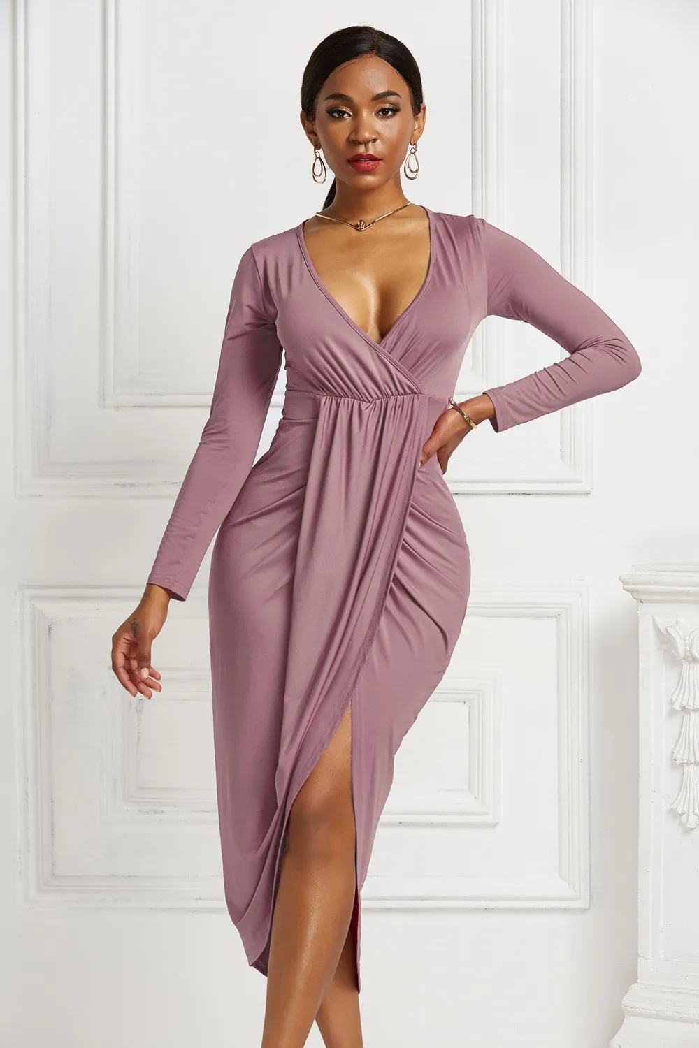 High-low Ruched Surplice Long Sleeve Dress, image 4
