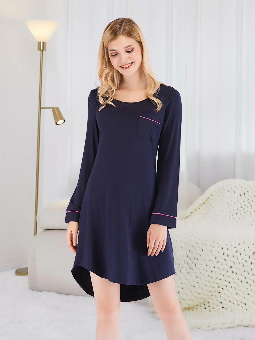 Round Neck Night Dress with Pocket, image 2