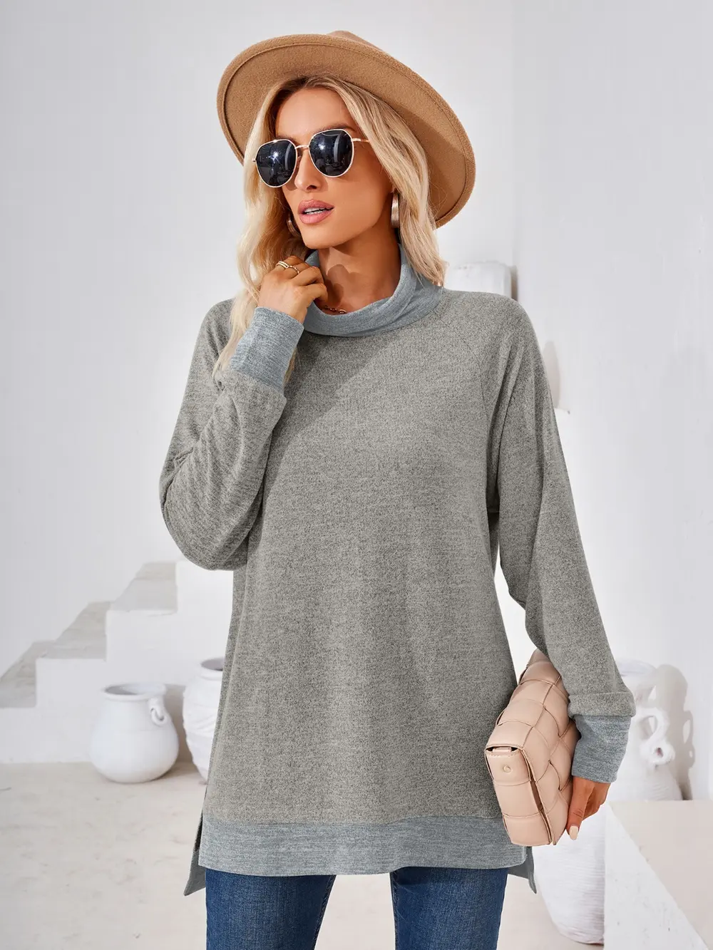 Contrast Mock Neck Long Sleeve T-Shirt, image 24