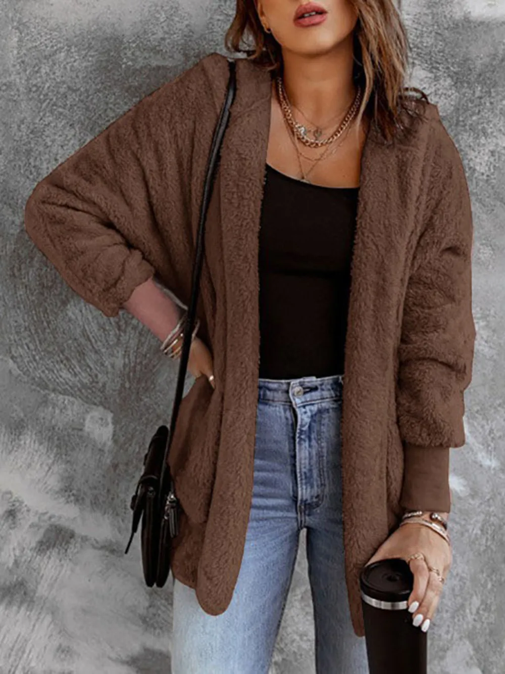 Open Front Hooded Faux Fur Outwear with Pockets, image 10