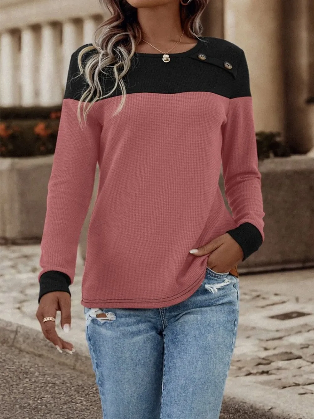 Contrast Buttoned Round Neck Long Sleeve T-Shirt, image 4