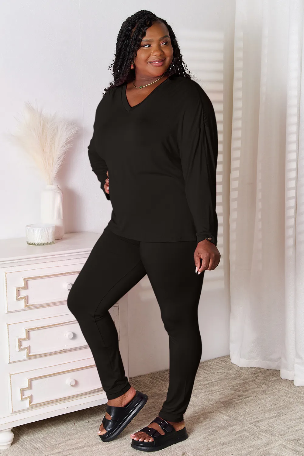 Full Size V-Neck Soft Rayon Long Sleeve Top and Pants Lounge Set, image 4